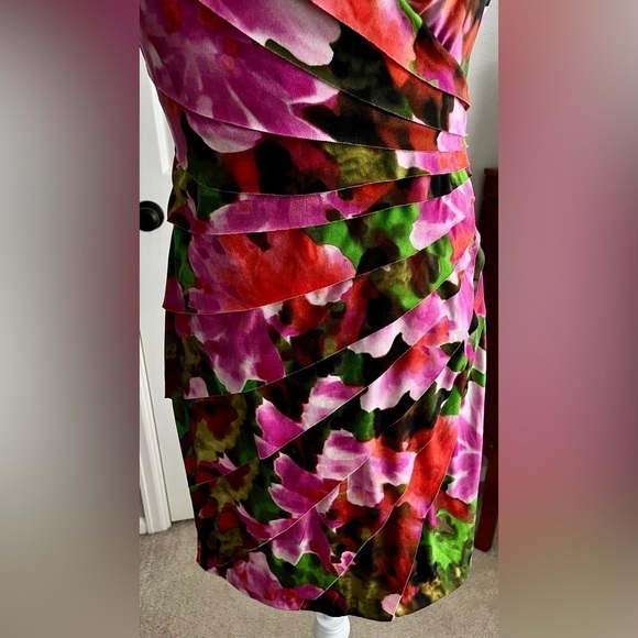 London Times Pink and Green Floral Faux Wrap Dress, Size 4P - Picture 2 of 5